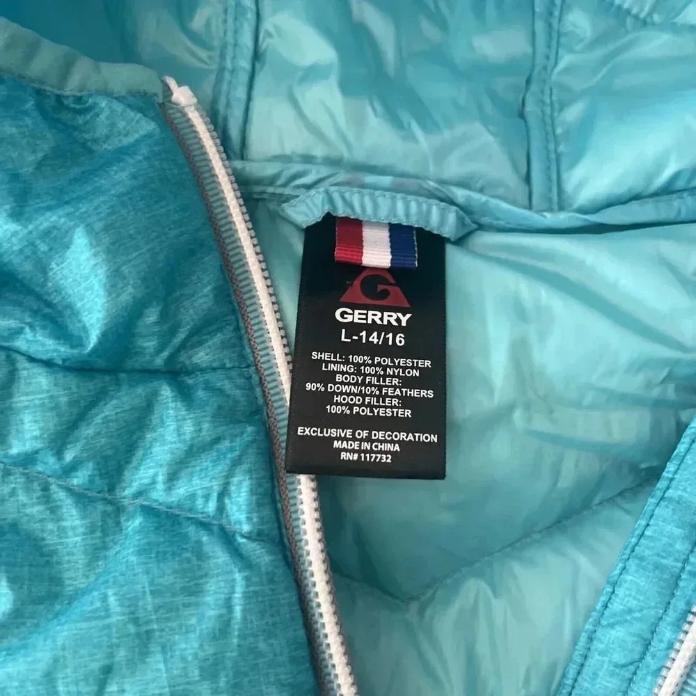 Gerry Kids Ultra Light Hooded Jacket Large (14-16) Turquoise Blue Fillpower 600